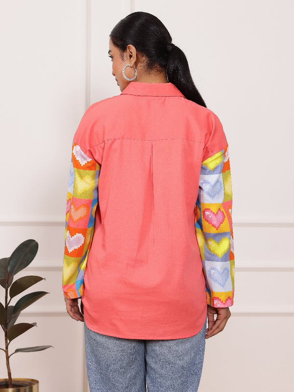 Peach Heart Print Poplin Cotton Shirt