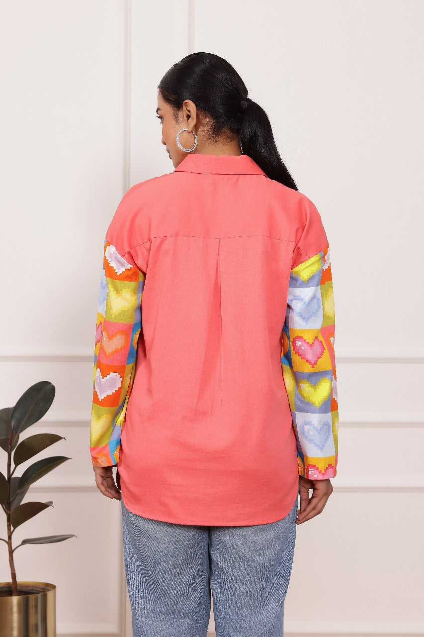 Peach Heart Print Poplin Cotton Shirt