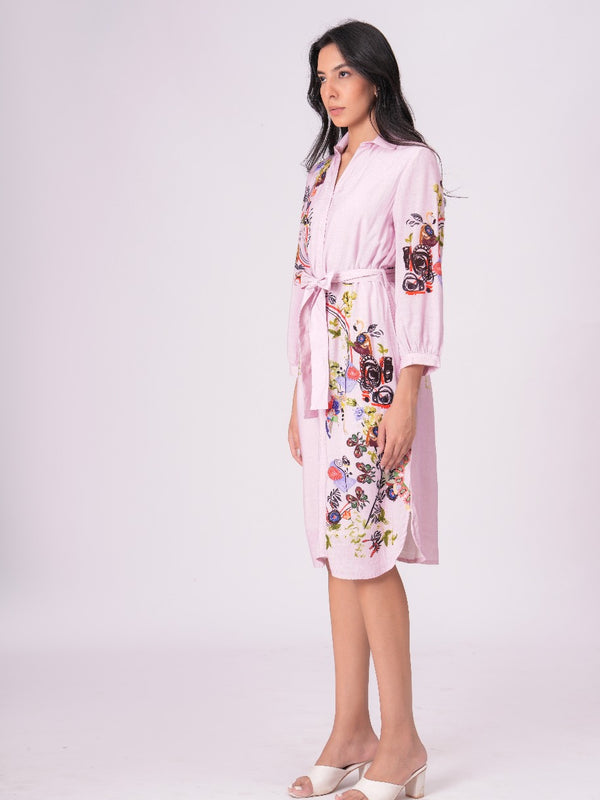 Lilac Love Embroidered Mini Shirt Dress