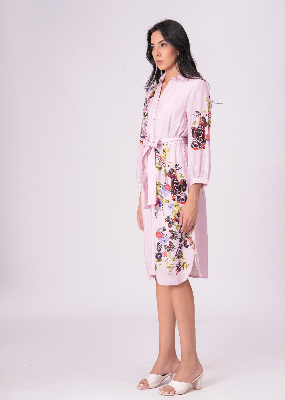 Lilac Love Embroidered Mini Shirt Dress