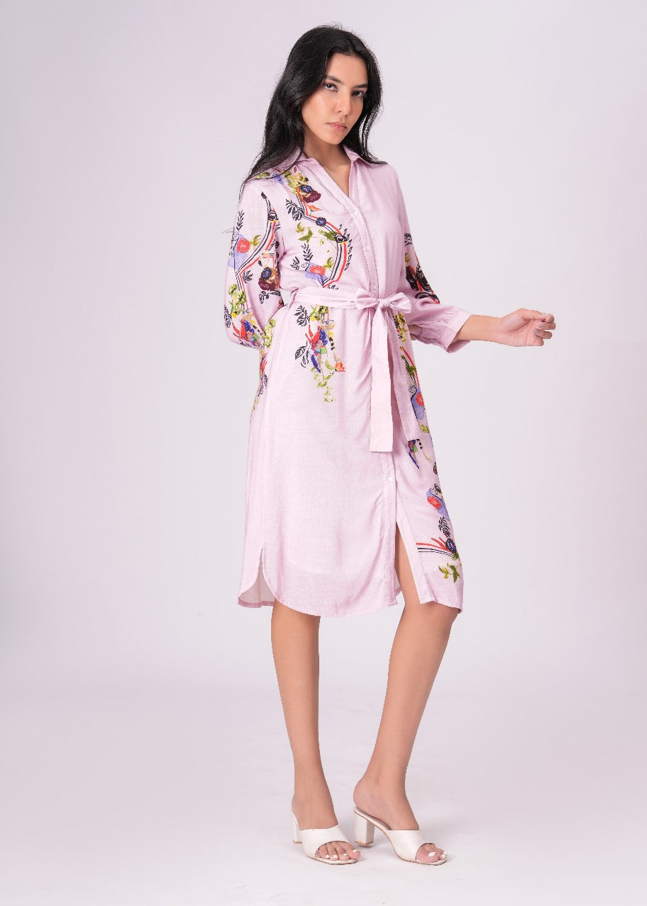 Lilac Love Embroidered Mini Shirt Dress