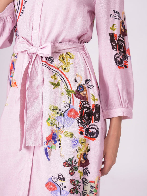 Lilac Love Embroidered Mini Shirt Dress