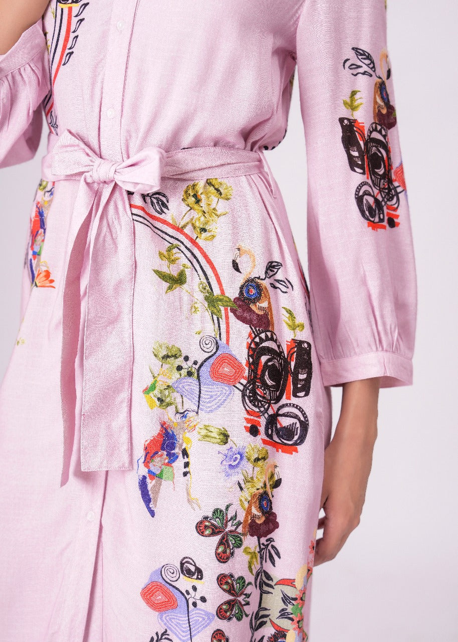Lilac Love Embroidered Mini Shirt Dress