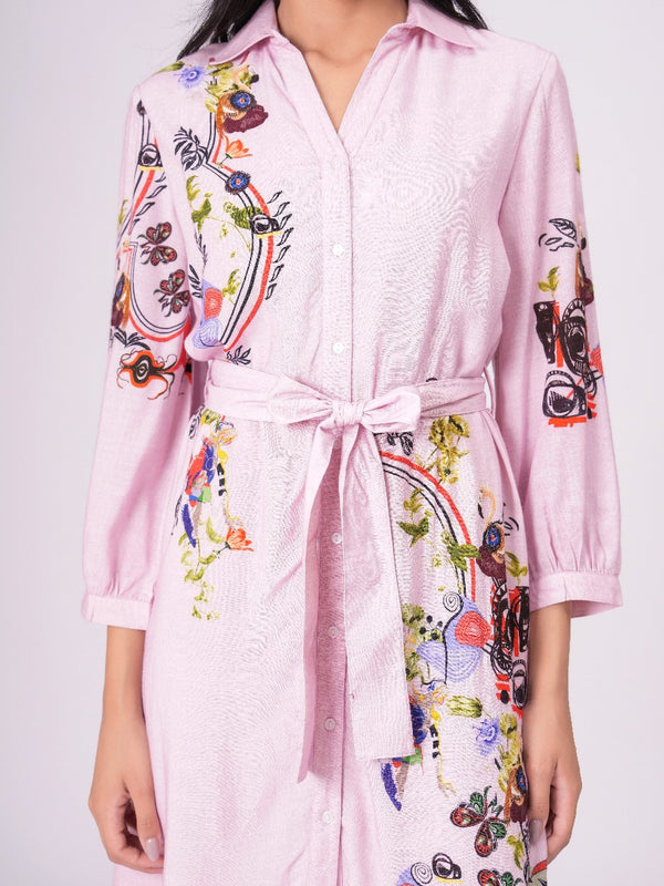 Lilac Love Embroidered Mini Shirt Dress