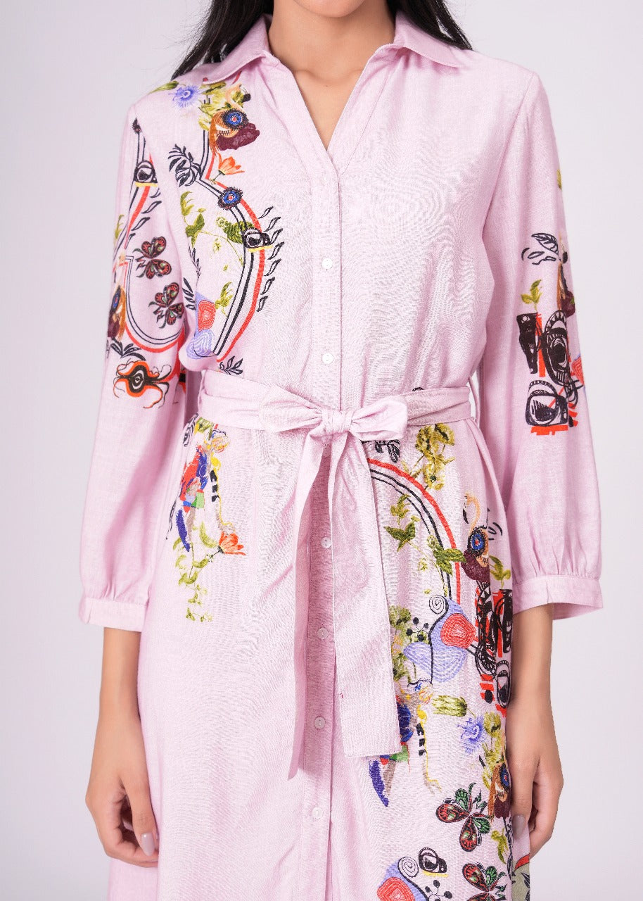 Lilac Love Embroidered Mini Shirt Dress