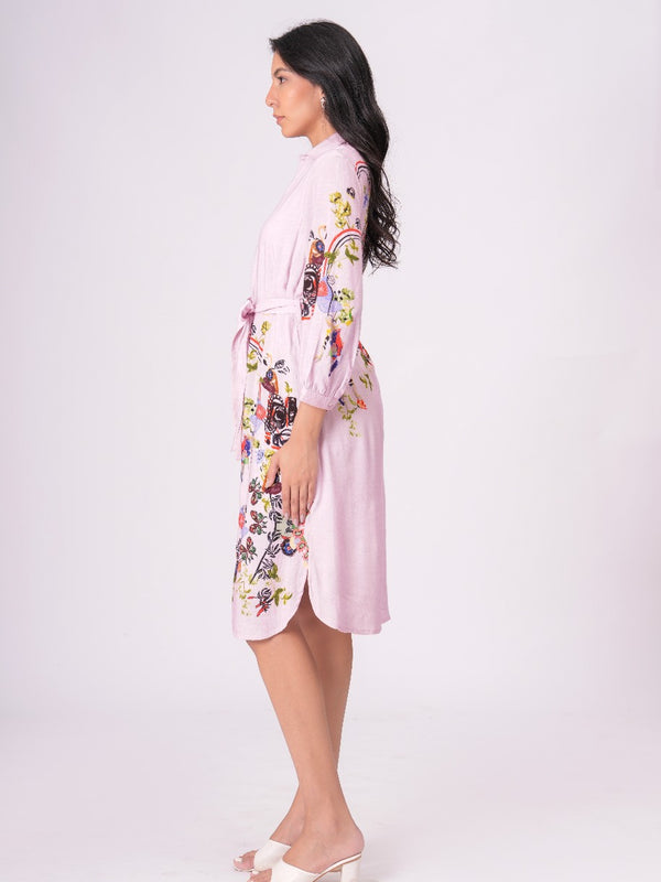 Lilac Love Embroidered Mini Shirt Dress