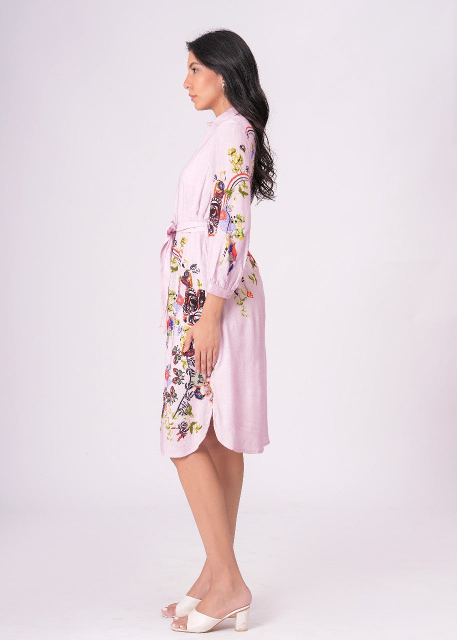 Lilac Love Embroidered Mini Shirt Dress