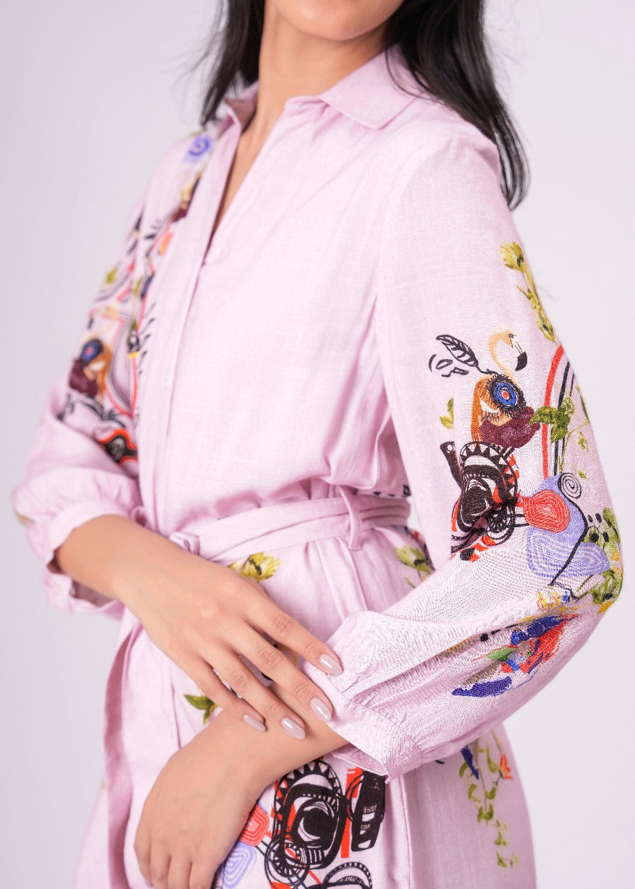Lilac Love Embroidered Mini Shirt Dress