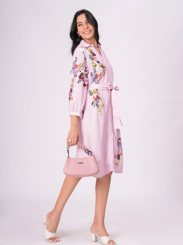 Lilac Love Embroidered Mini Shirt Dress