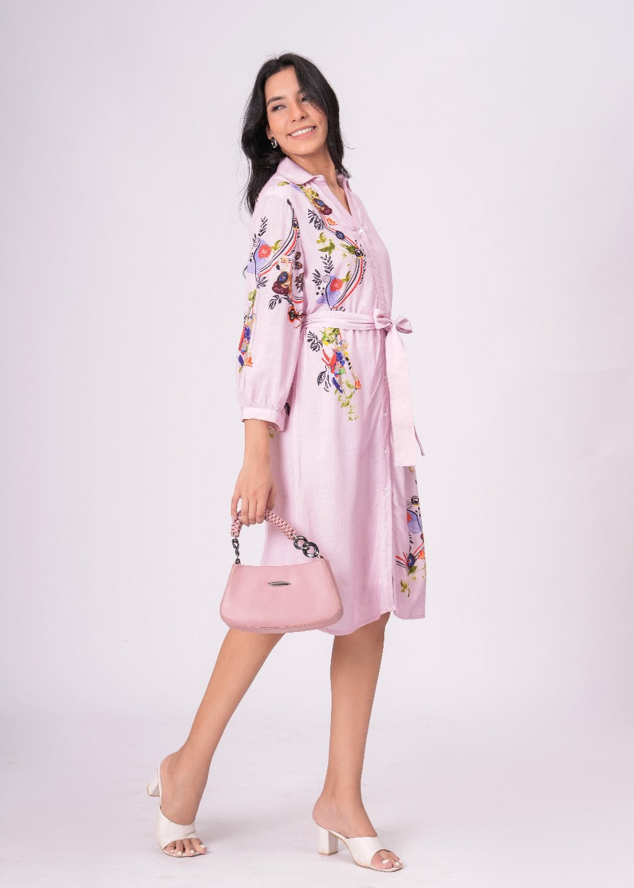 Lilac Love Embroidered Mini Shirt Dress
