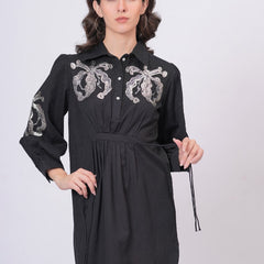 Black Sequins Mini Shirt Dress