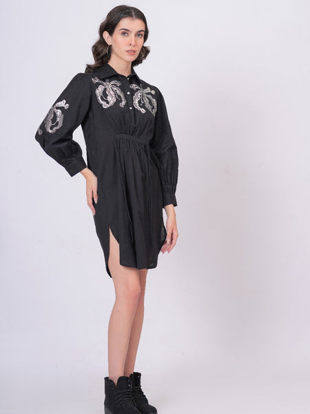 Black Sequins Mini Shirt Dress
