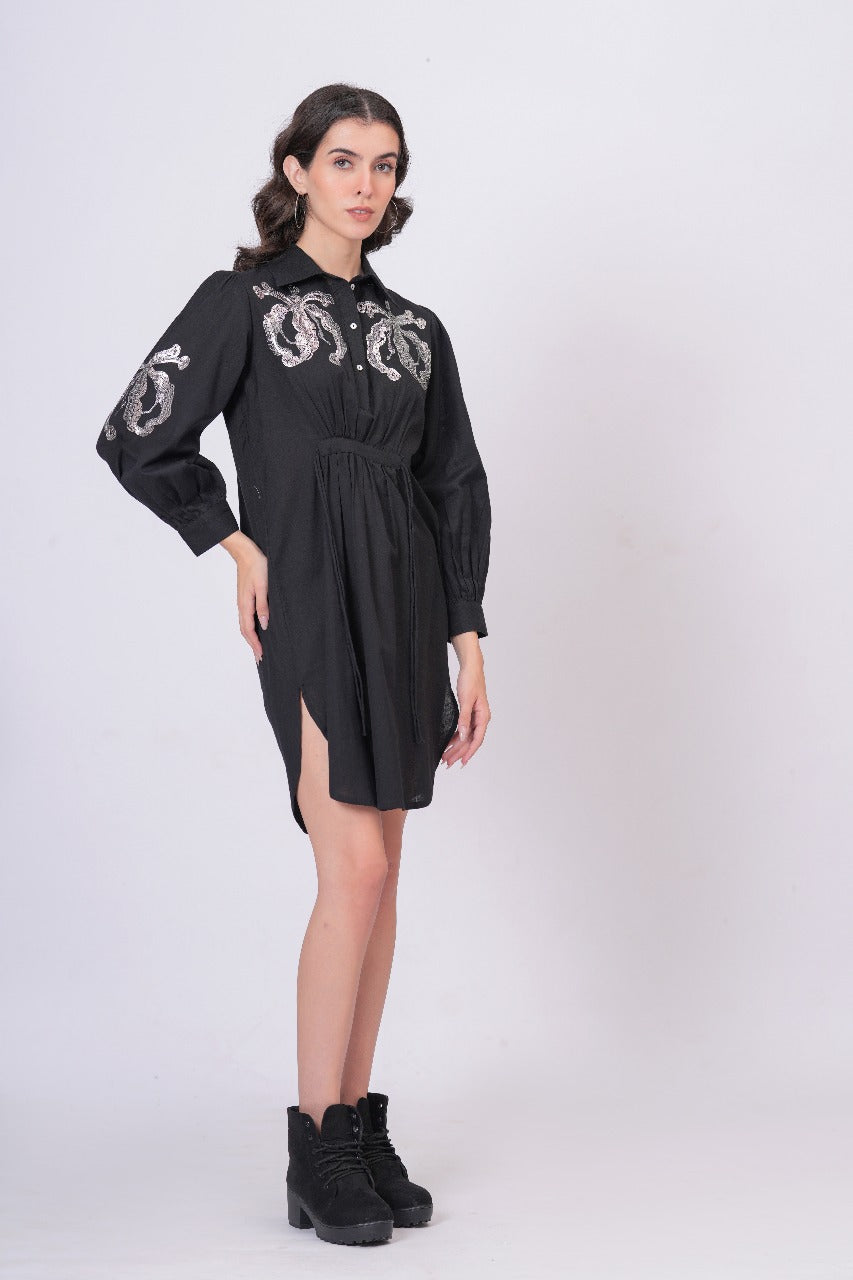 Black Sequins Mini Shirt Dress