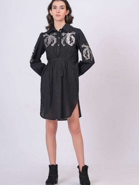 Black Sequins Mini Shirt Dress