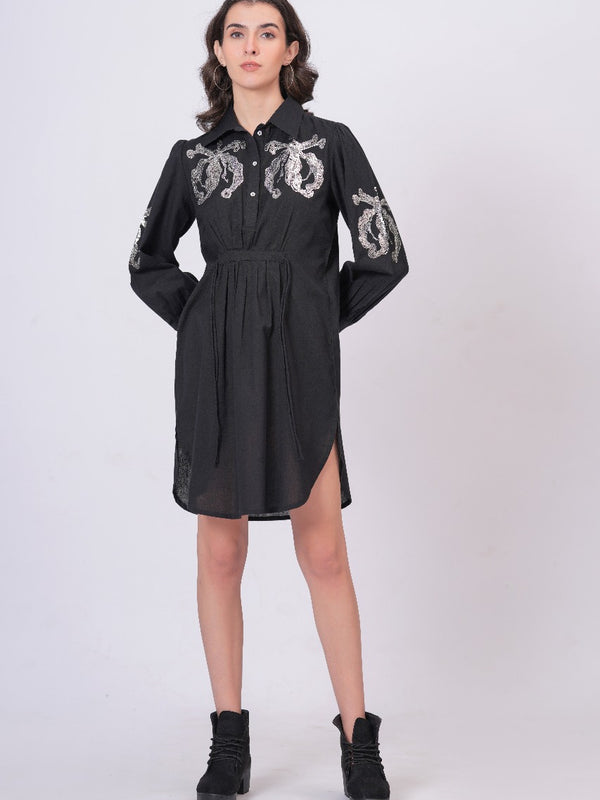 Black Sequins Mini Shirt Dress