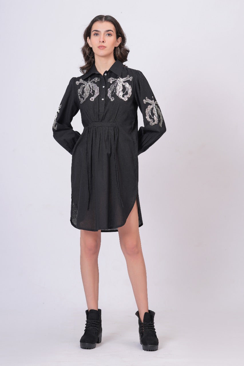 Black Sequins Mini Shirt Dress