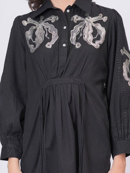 Black Sequins Mini Shirt Dress