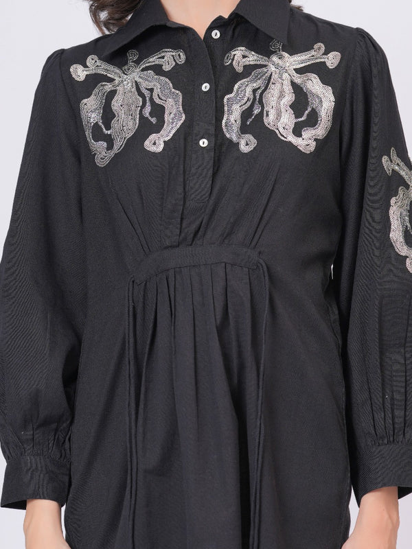Black Sequins Mini Shirt Dress