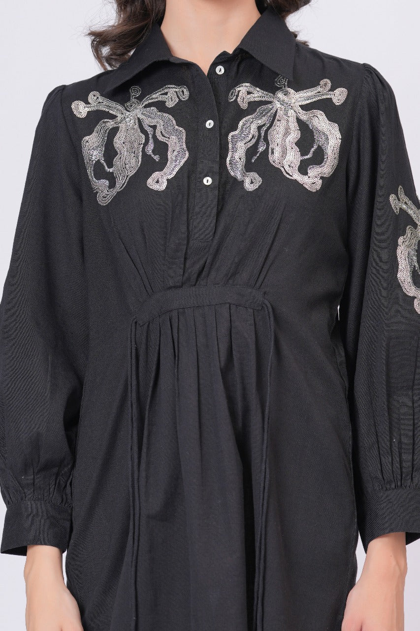 Black Sequins Mini Shirt Dress