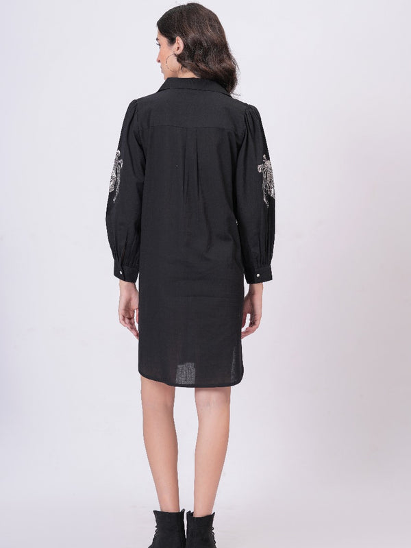 Black Sequins Mini Shirt Dress