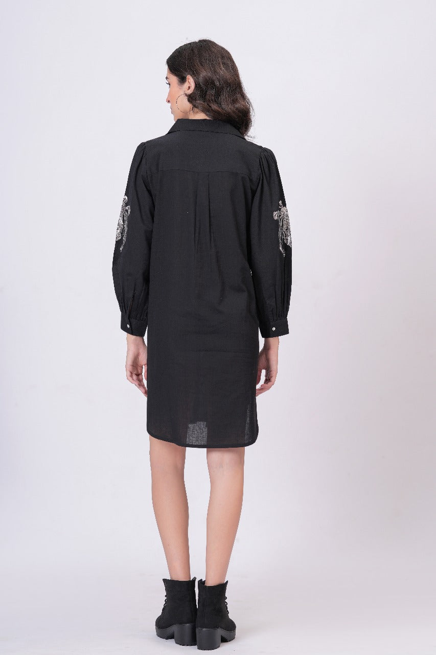 Black Sequins Mini Shirt Dress