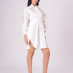 White Sequins Mini Shirt Dress