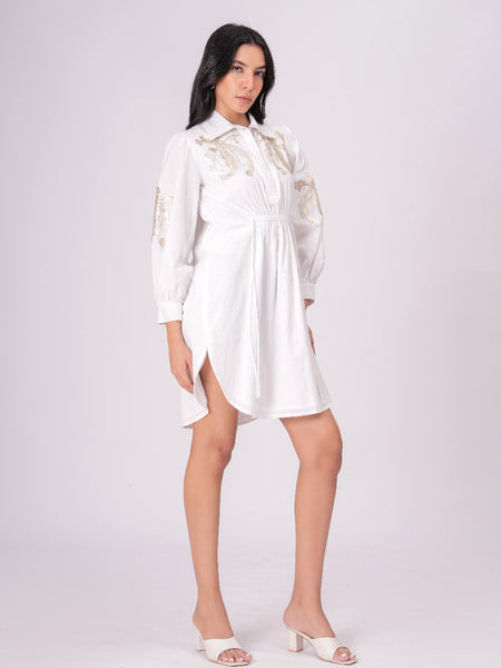 White Sequins Mini Shirt Dress