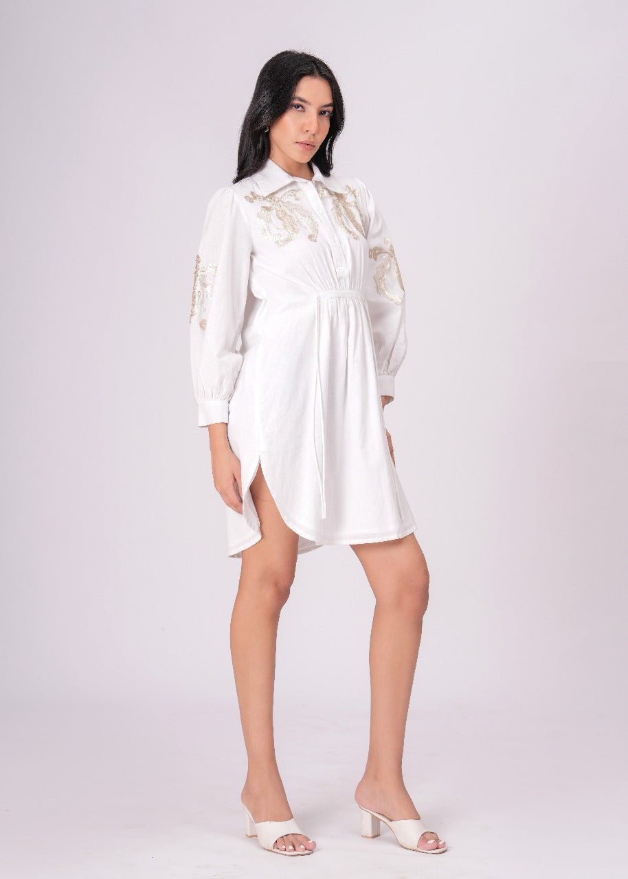 White Sequins Mini Shirt Dress
