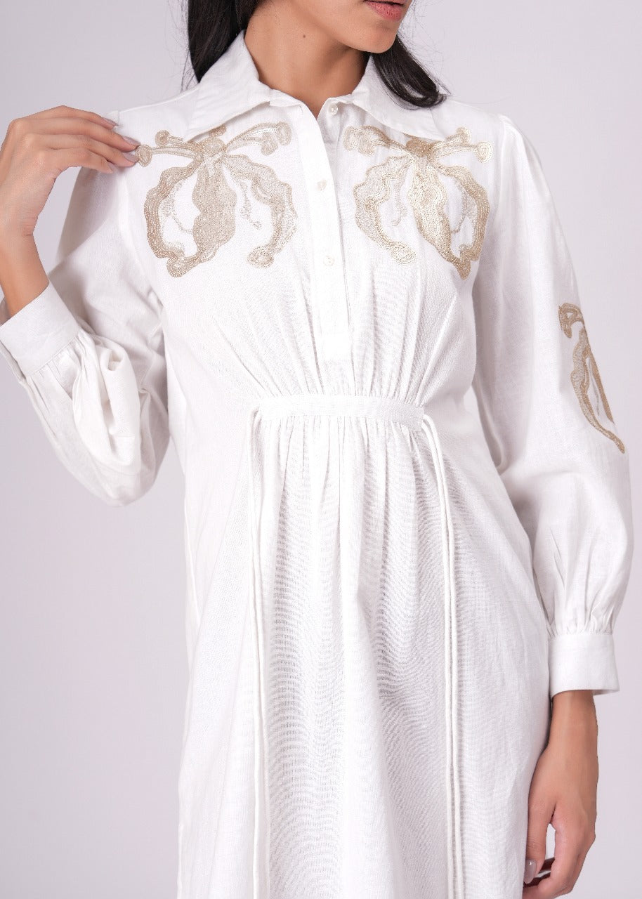 White Sequins Mini Shirt Dress