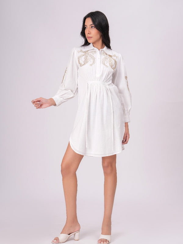 White Sequins Mini Shirt Dress