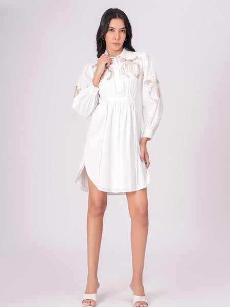 White Sequins Mini Shirt Dress