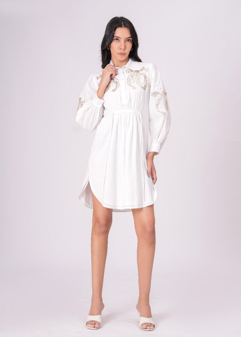 White Sequins Mini Shirt Dress