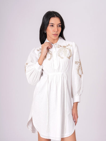 White Sequins Mini Shirt Dress