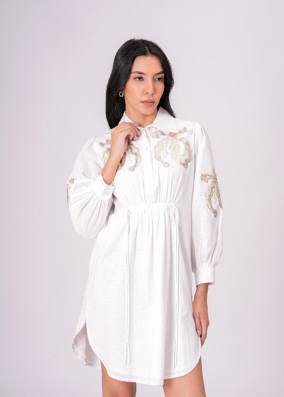 White Sequins Mini Shirt Dress