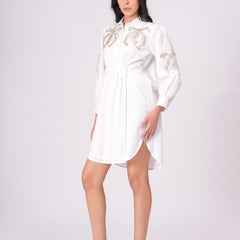 White Sequins Mini Shirt Dress