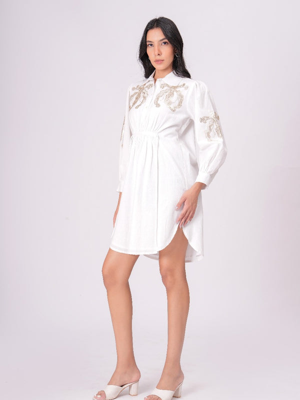 White Sequins Mini Shirt Dress