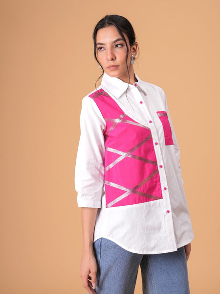 Blush Mosaic White Poplin Patchwork Shirt