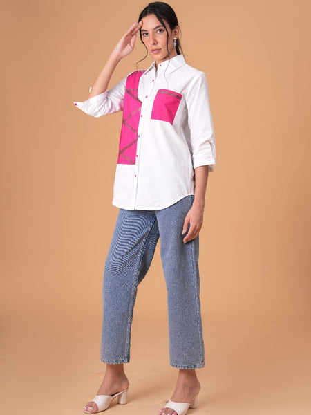Blush Mosaic White Poplin Patchwork Shirt