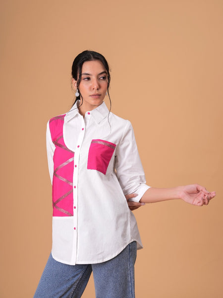 Blush Mosaic White Poplin Patchwork Shirt