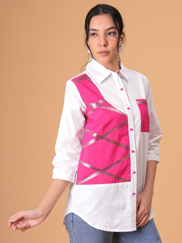 Blush Mosaic White Poplin Patchwork Shirt