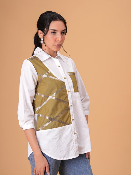 Ivory Mosaic White Poplin Patchwork Shirt