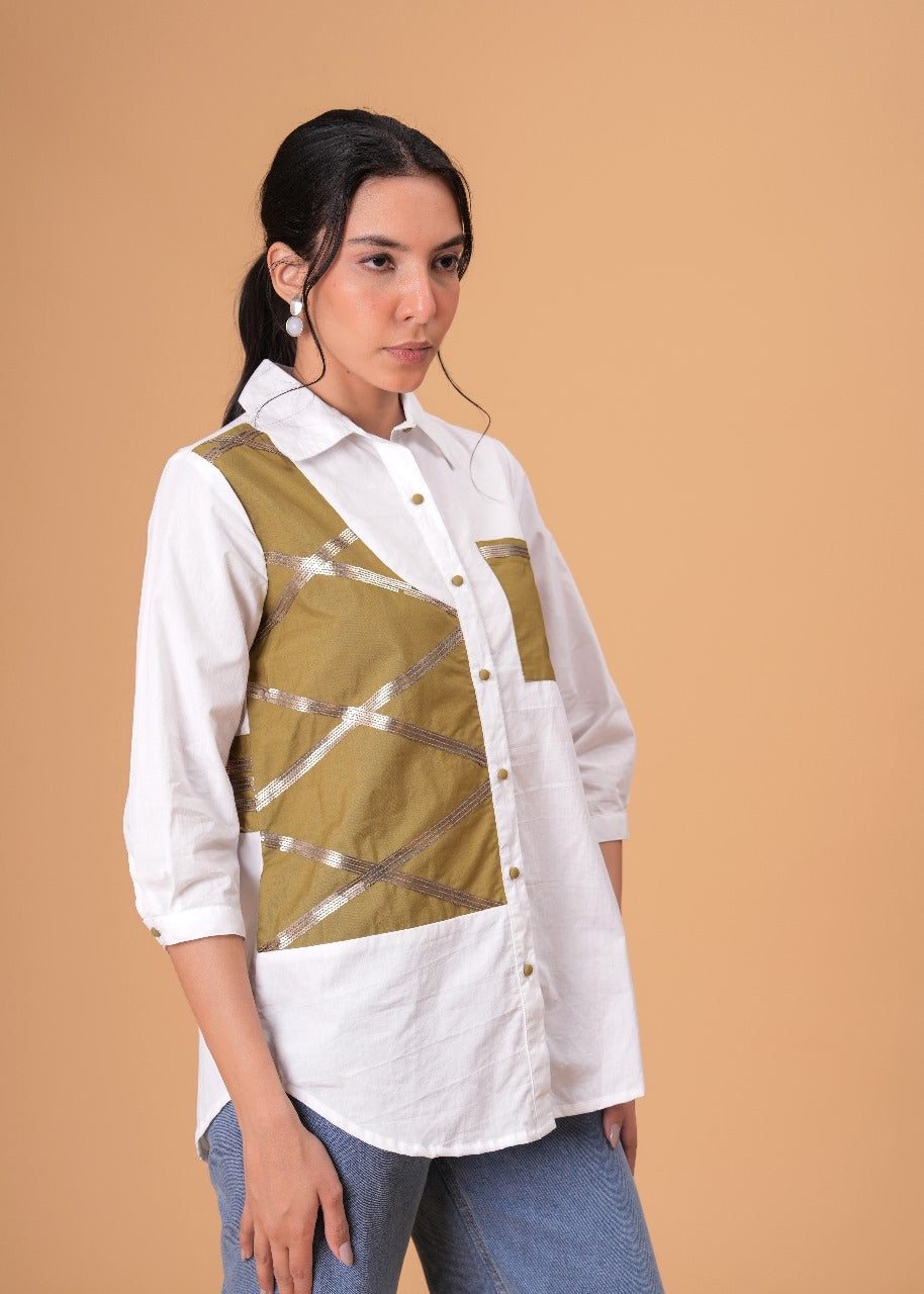 Ivory Mosaic White Poplin Patchwork Shirt