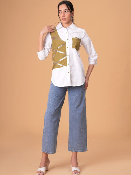 Ivory Mosaic White Poplin Patchwork Shirt