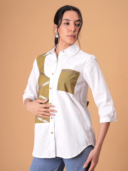 Ivory Mosaic White Poplin Patchwork Shirt