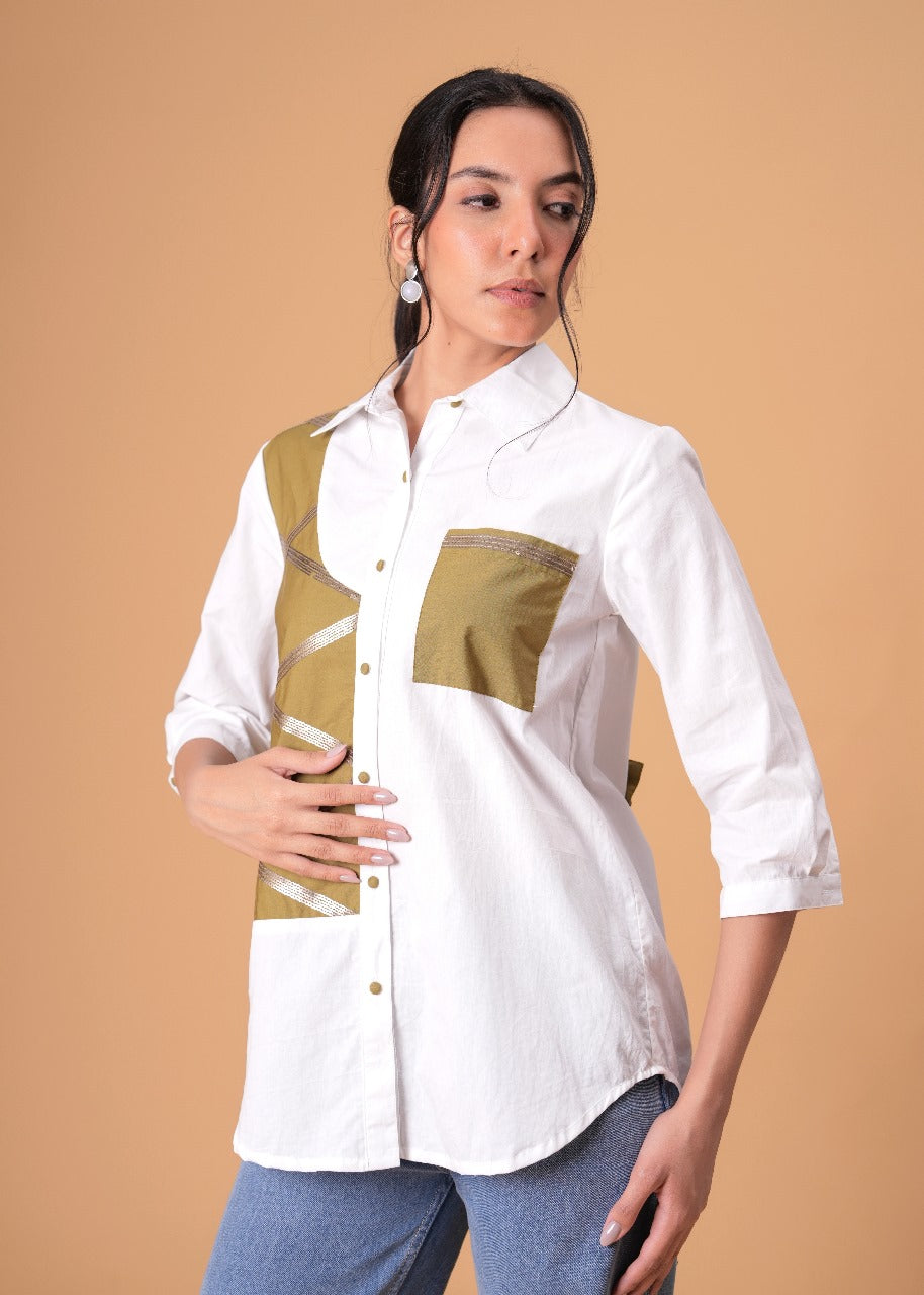 Ivory Mosaic White Poplin Patchwork Shirt