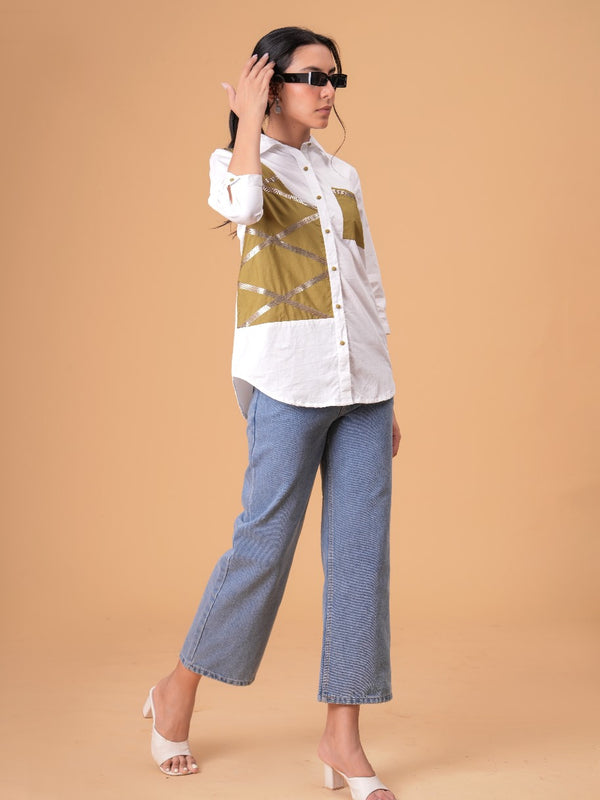 Ivory Mosaic White Poplin Patchwork Shirt