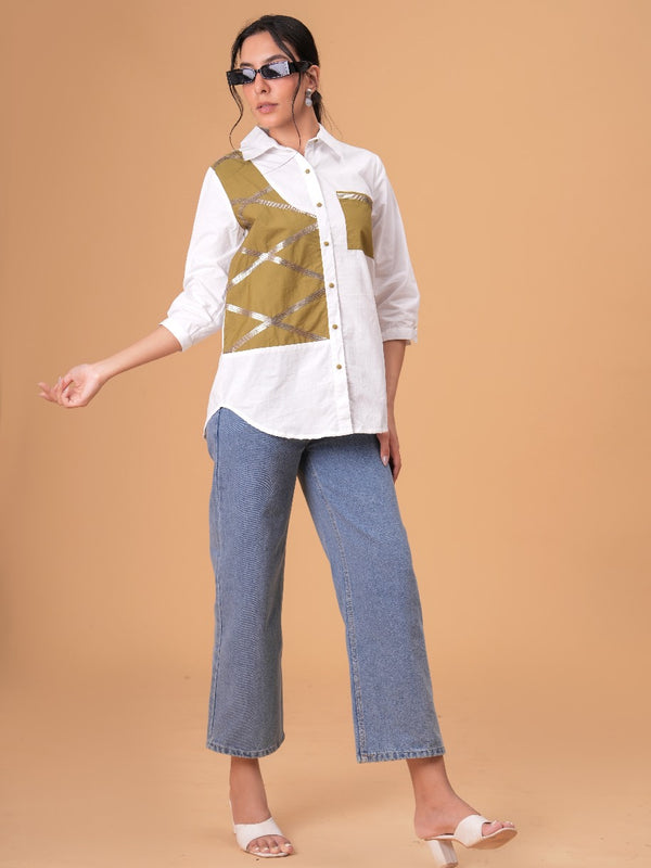 Ivory Mosaic White Poplin Patchwork Shirt