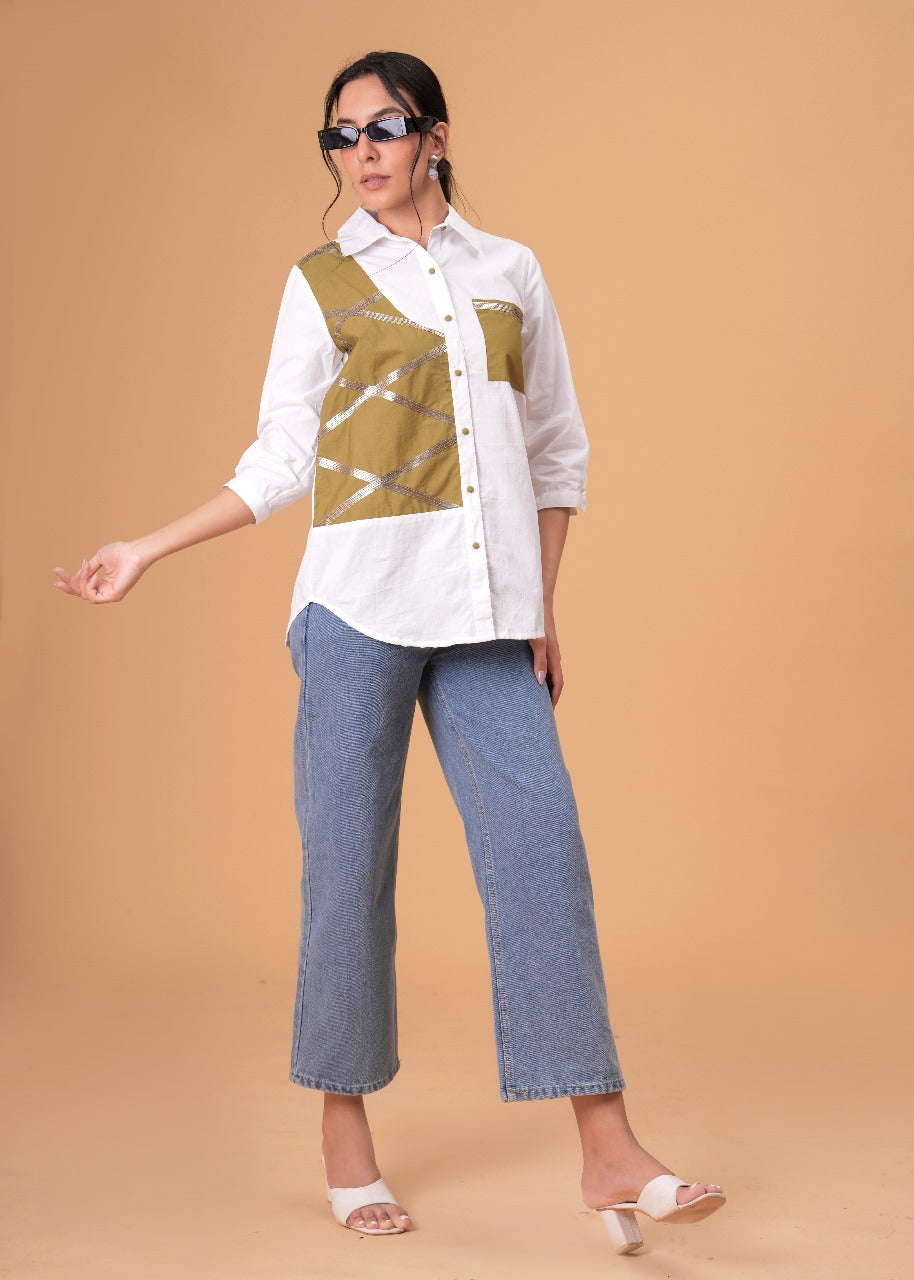 Ivory Mosaic White Poplin Patchwork Shirt