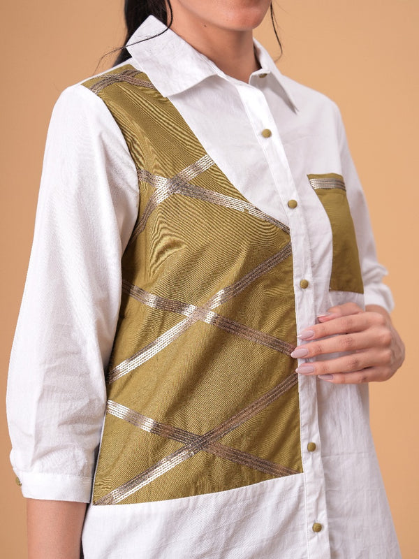Ivory Mosaic White Poplin Patchwork Shirt