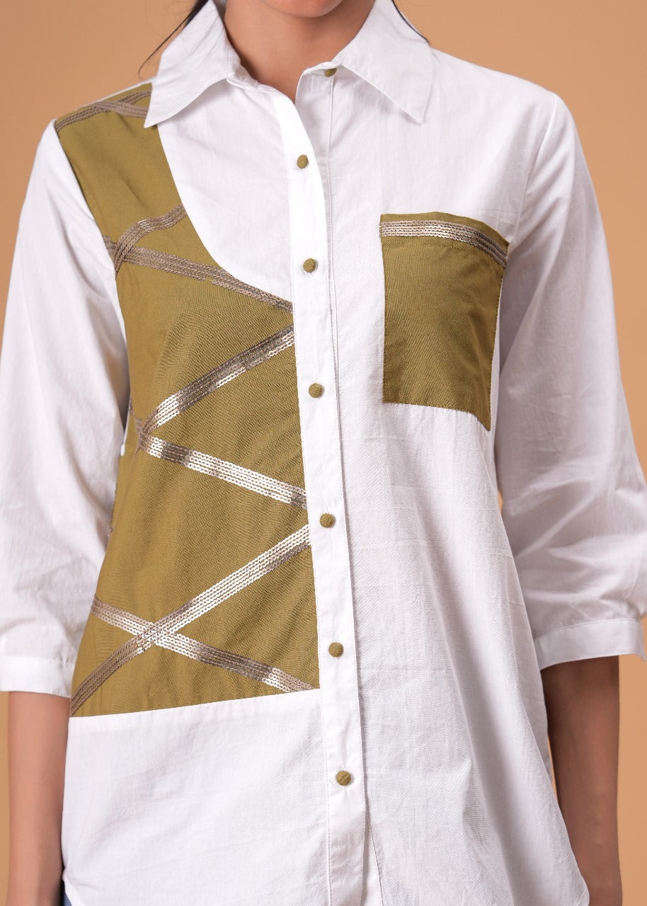 Ivory Mosaic White Poplin Patchwork Shirt